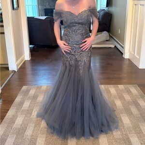 Montage by Mon Cheri Off-Shoulder Blue Gown